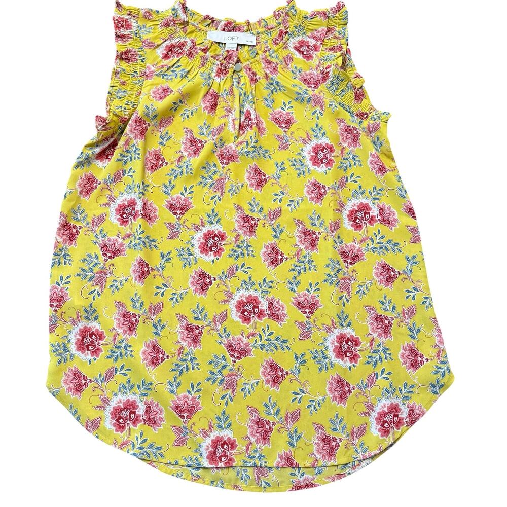 LOFT tank blouse, chartreuse w pink flowers, ruffle, splitneck, keyhole, XXSP